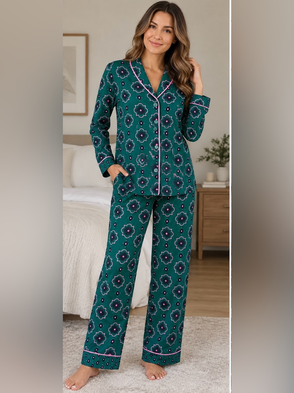 Room Service Pajama Set M Green Floral Button Front Long Sleeve Size M